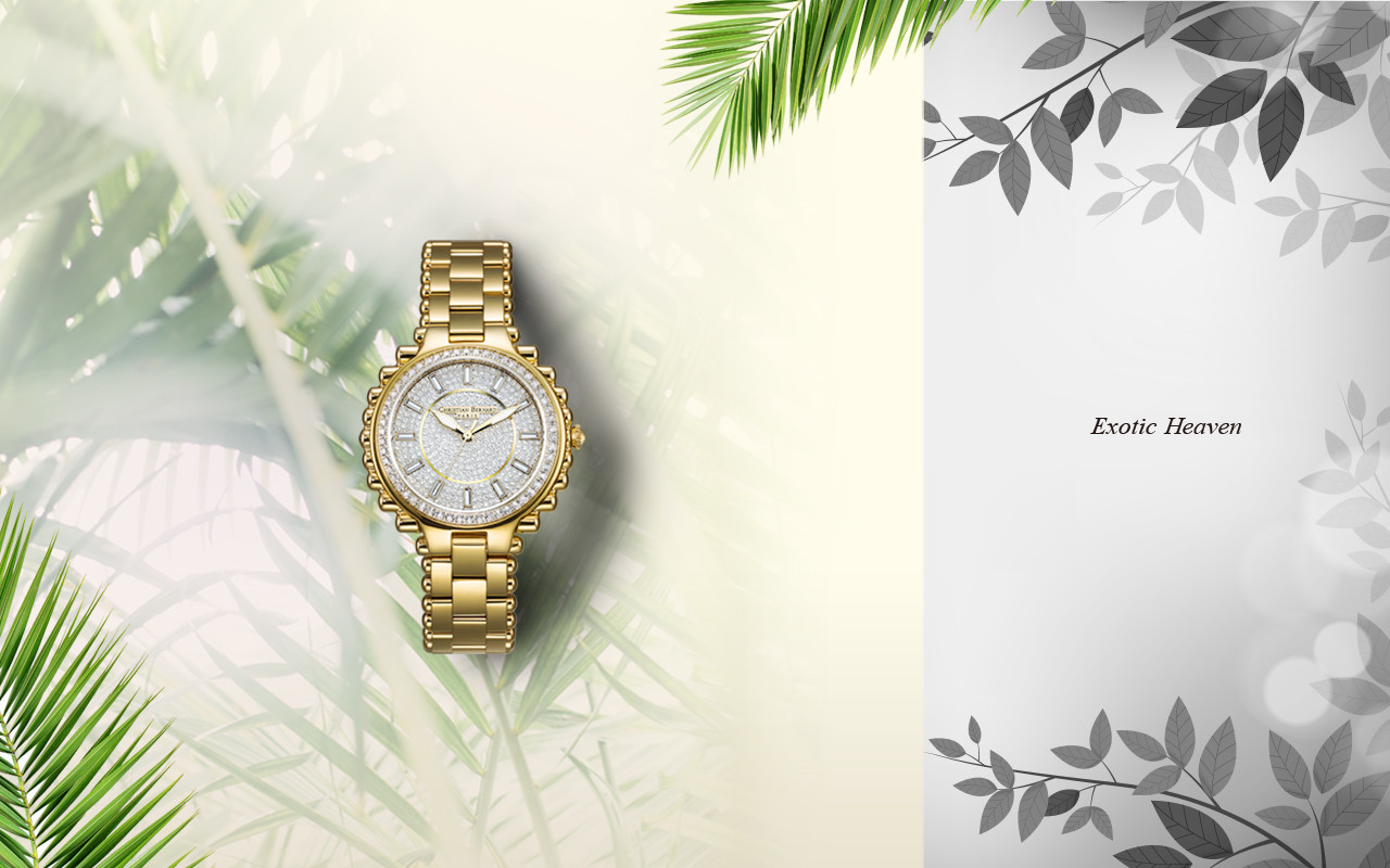 Inspired by typical palm tree contour, the case and dial are embellished with cylindrical, geometric abstract lines and low-pitched luxurious diamonds in pave setting.(CB003)